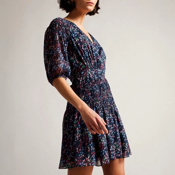 Ted Baker Dresses & Skirts - Ted Baker Casadee Puff Sleeve Smock Panel Wrap Mini Dress Navy Women's Size 6